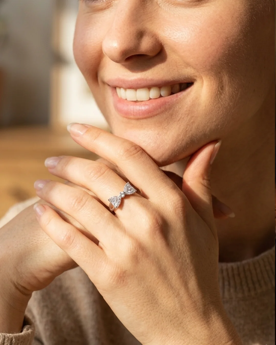 Sterling Silver Adjustable Bow Ring with Cubic Zirconia Stones