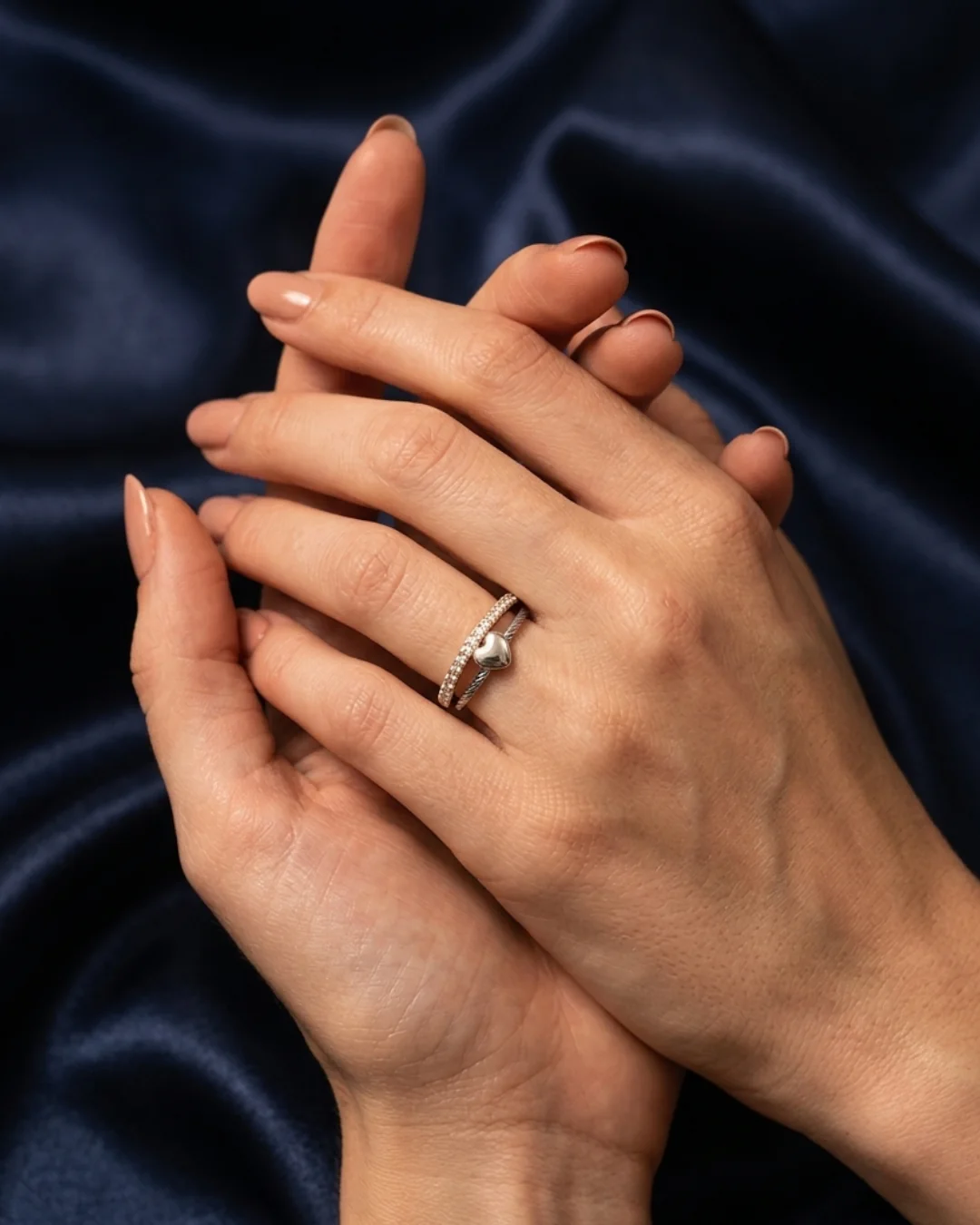 silver-plated adjustable ring with a heart charm and cubic zirconia stones — image 3