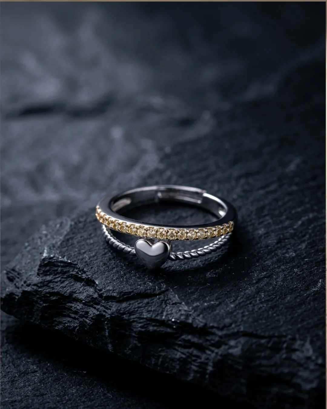silver-plated adjustable ring with a heart charm and cubic zirconia stones — image 4