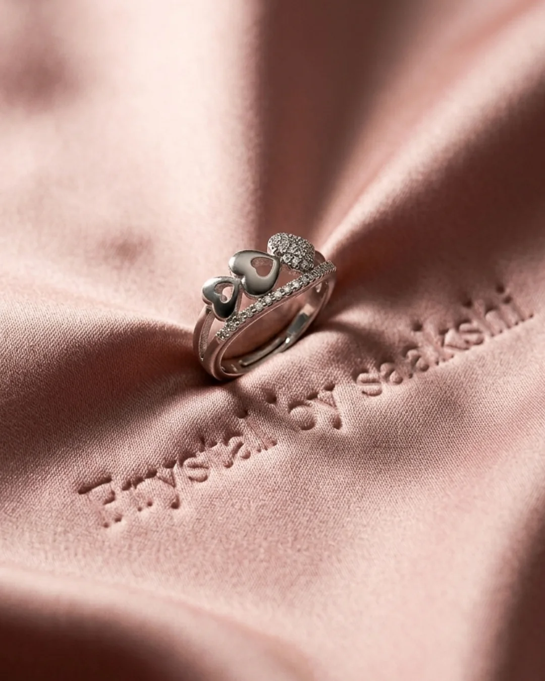 Adjustable Silver Heart Ring with Cubic Zirconia Stones