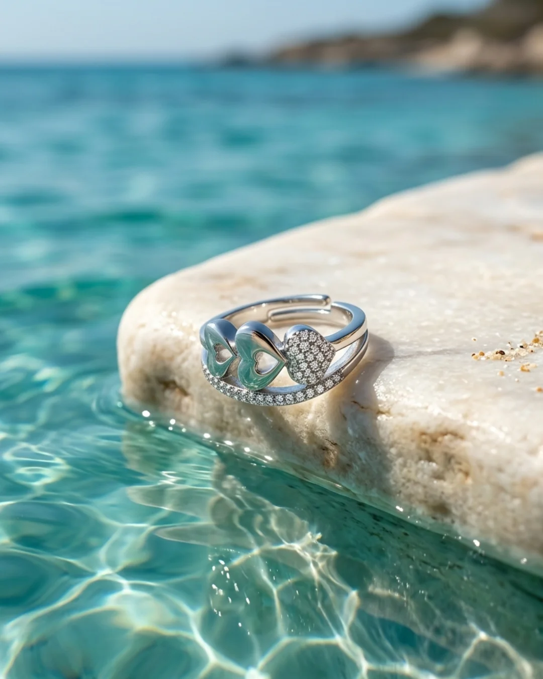 Adjustable Silver Heart Ring with Cubic Zirconia Stones — image 3
