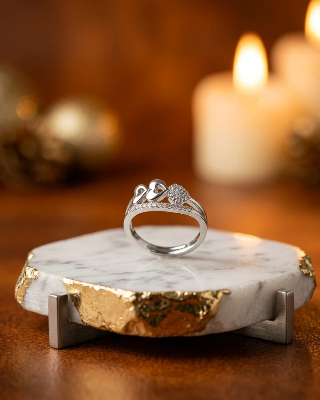 Adjustable Silver Heart Ring with Cubic Zirconia Stones — image 4