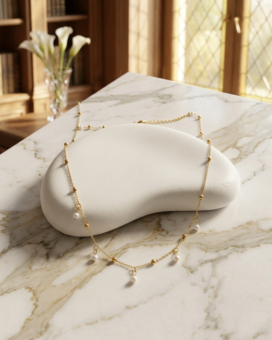 Gold-plated string necklace with tiny pearls and shells