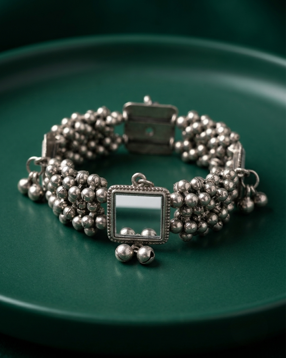 Oxidized Silver Bracelet With Mirrors Work