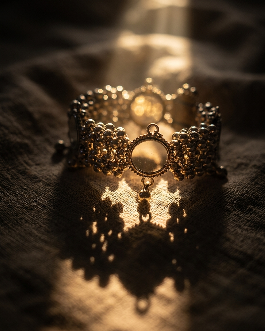 Oxidized Silver Bracelet with Mirrors and Jhumka Style Bells