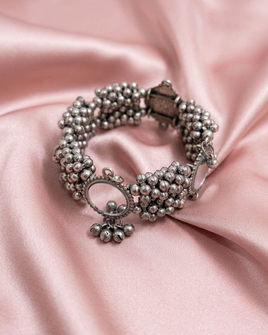 Oxidized Silver Bracelet with Mirrors and Jhumka Style Bells — image 4