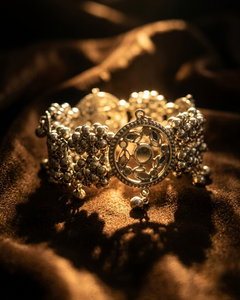 Oxidized Silver Bracelet With Mirrors & Jhumka Ghungroo Bells