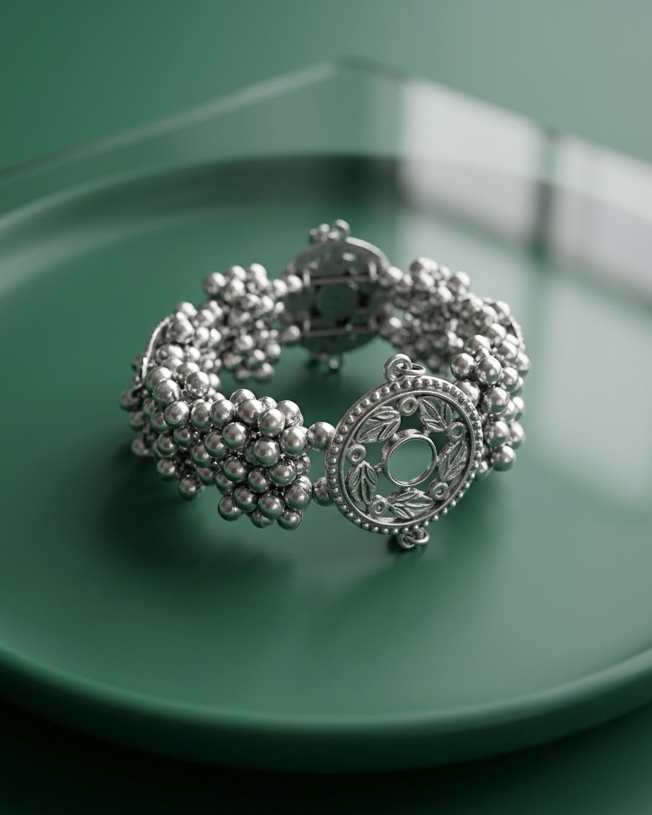 Oxidized Silver Bracelet With Mirrors & Jhumka Ghungroo Bells — image 3
