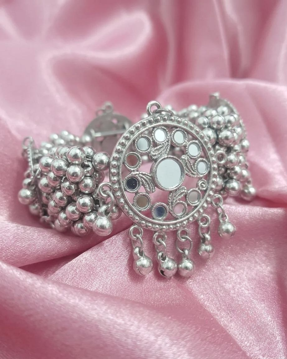 Oxidized Silver Bracelet With Mirrors & Jhumka Ghungroo Bells — image 4