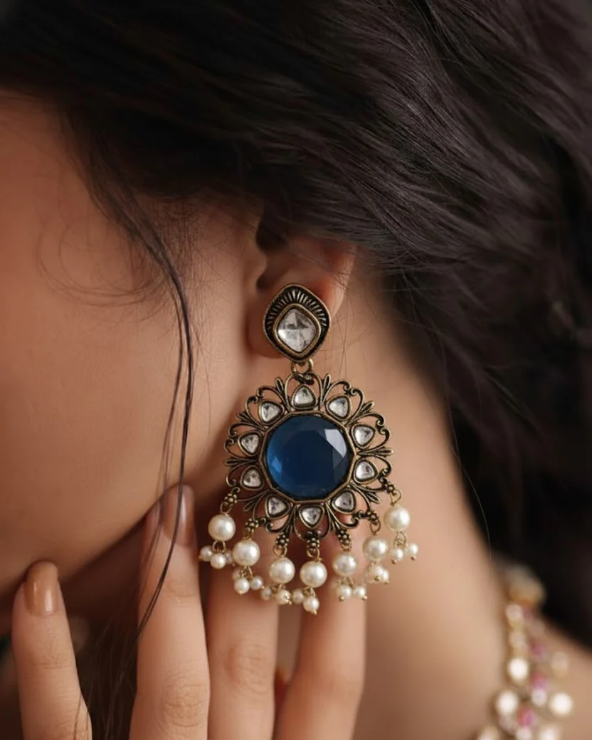 Kundan Earrings with  Stone & Pearl Drops — image 3