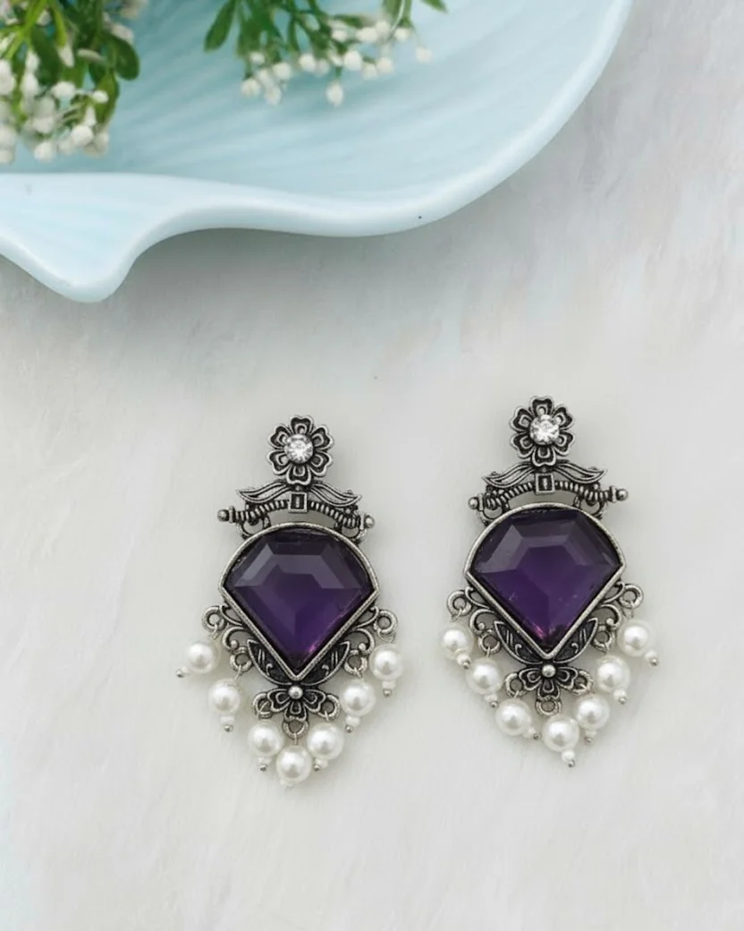 Silver-Plated Brass Drop Earrings with Stone & Pearl Drops