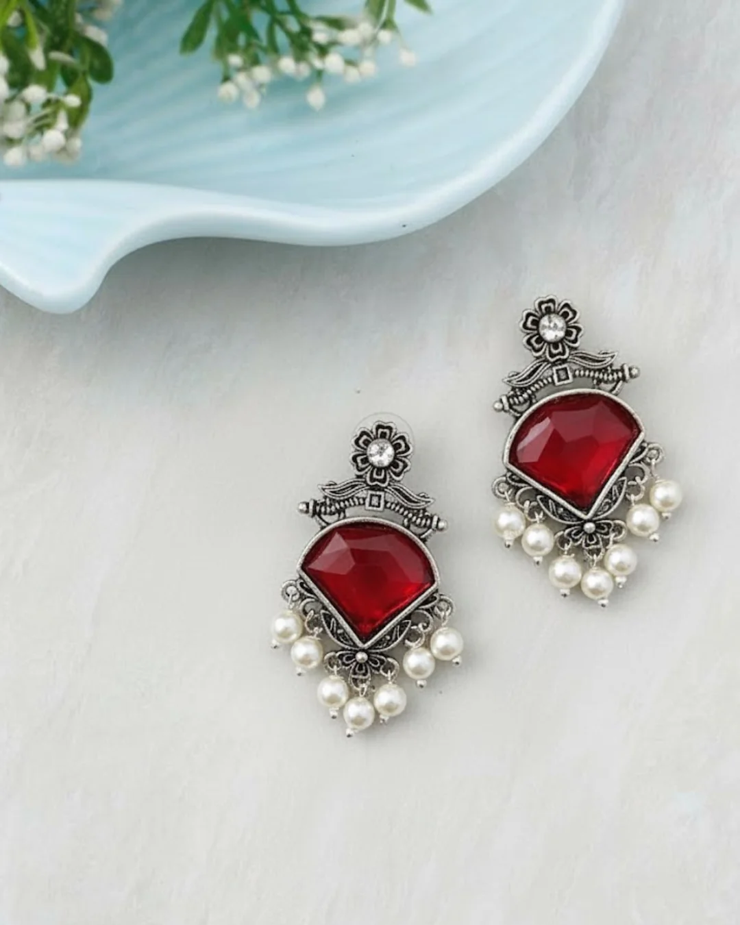 Silver-Plated Brass Drop Earrings with Stone & Pearl Drops — image 3