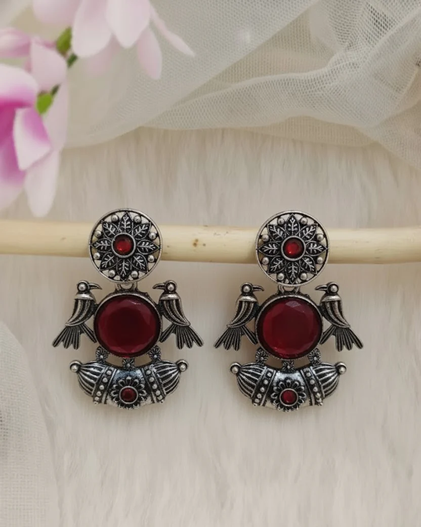 Oxidised Silver-Toned Earrings with Stone & Bird Motifs