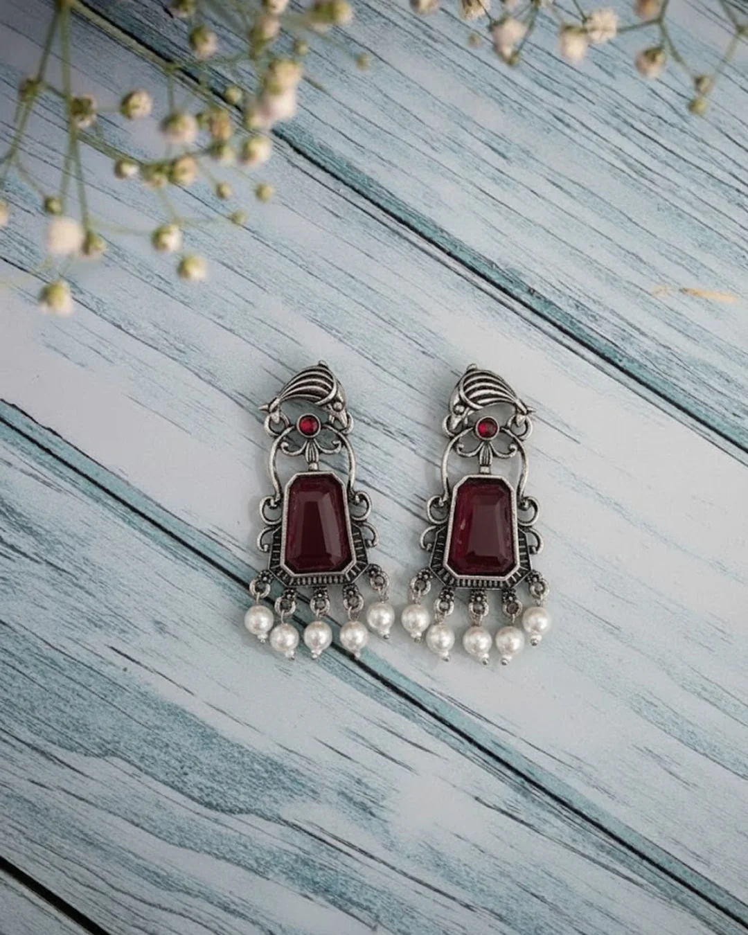 Oxidized Silver Earrings with Stone & Pearl Drops
