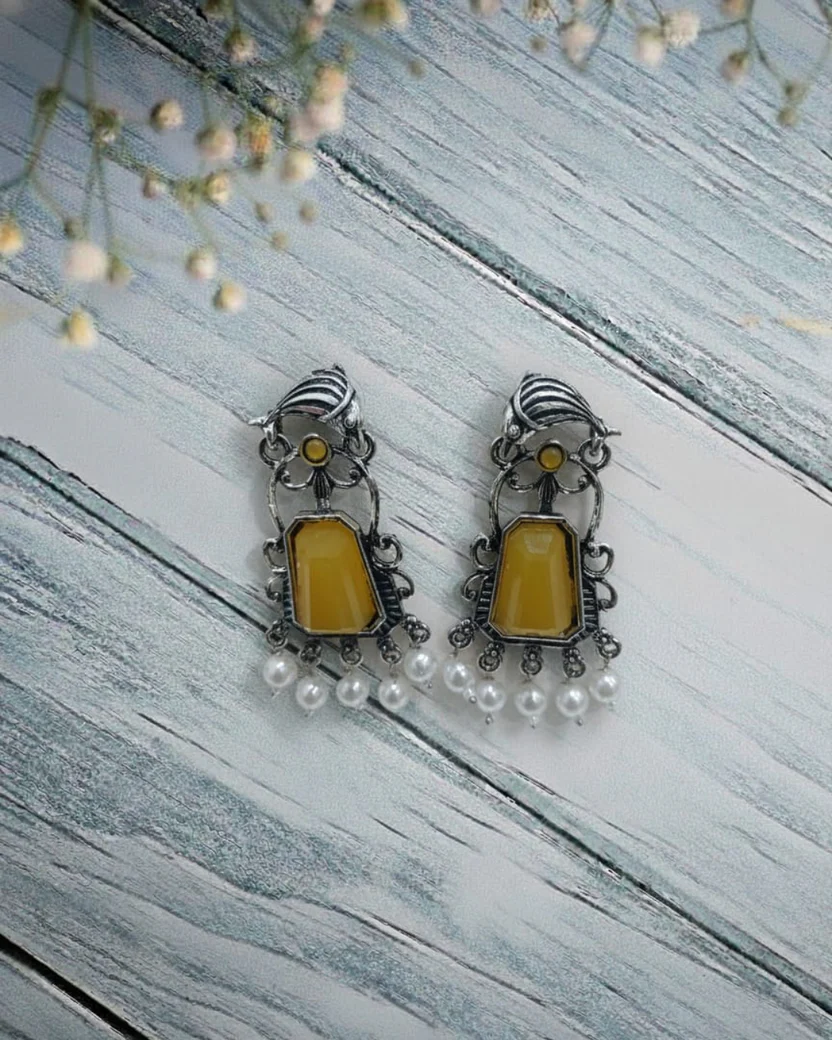 Oxidized Silver Earrings with Stone & Pearl Drops — image 4