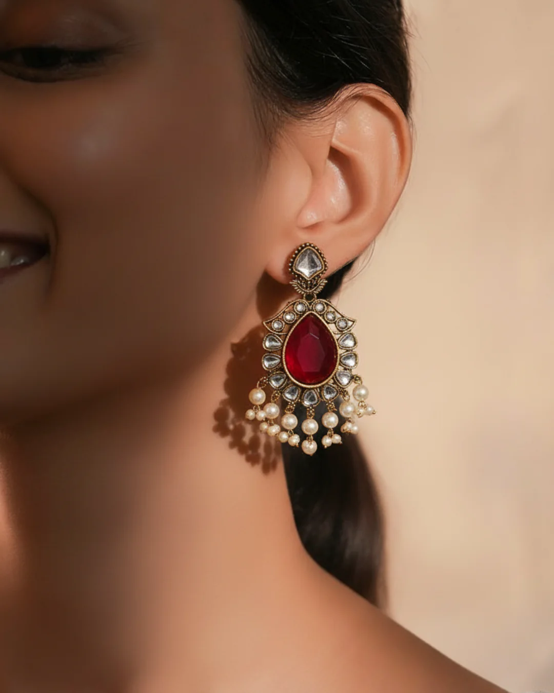Kundan Earrings with Stones and Pearl Drops — image 3
