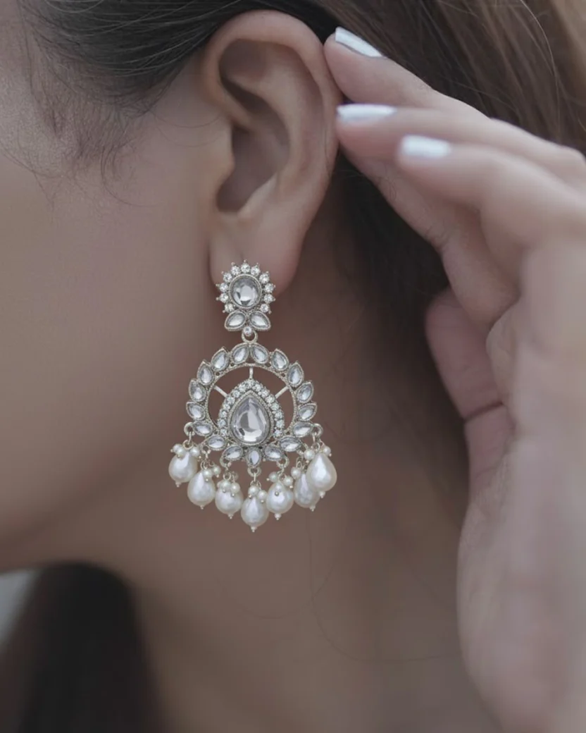 Traditional Long Kundan Crystal Jhumki Earrings — image 3