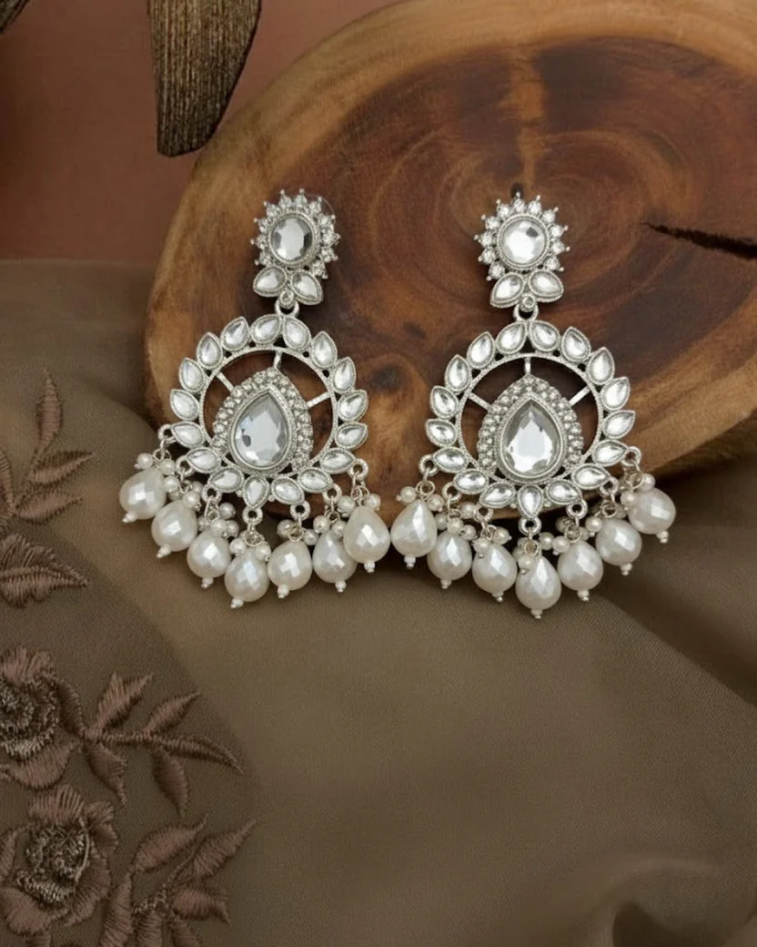 Traditional Long Kundan Crystal Jhumki Earrings — image 4