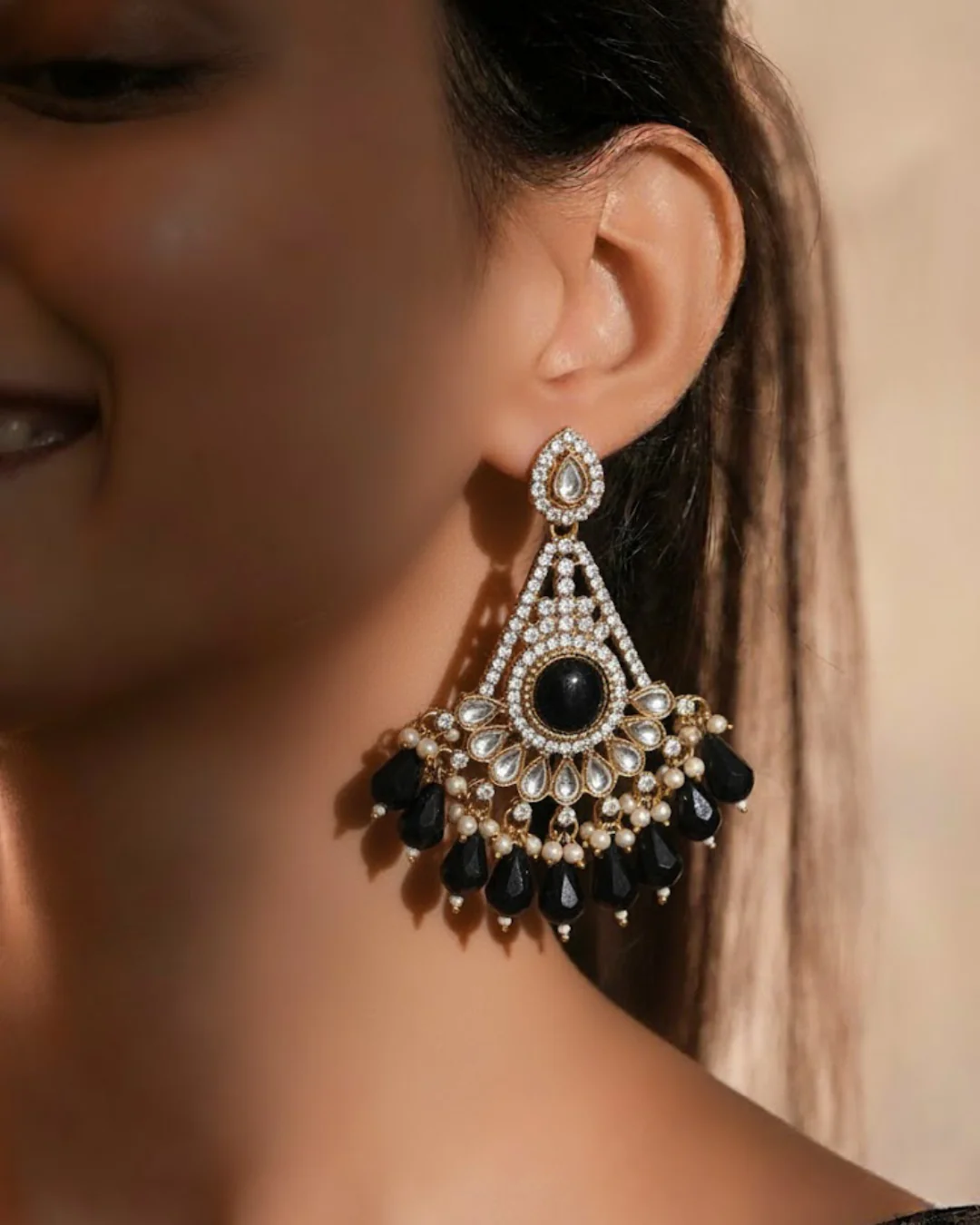 Kundan Chandbali Earrings with White Stones & Pearls
