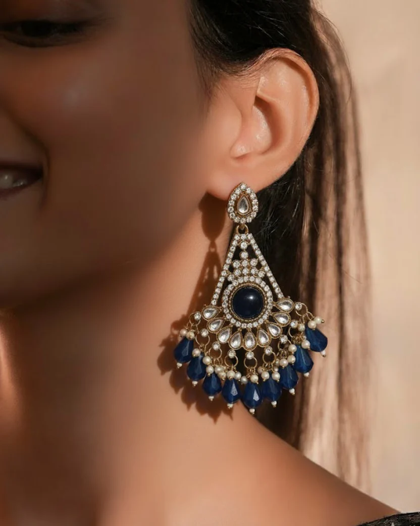 Kundan Chandbali Earrings with White Stones & Pearls — image 4