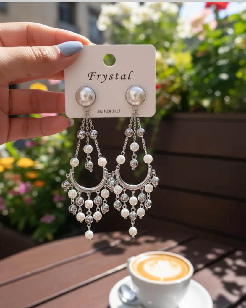 Pair of Silver Toned Chandelier Earrings with Pearl Beads — image 3