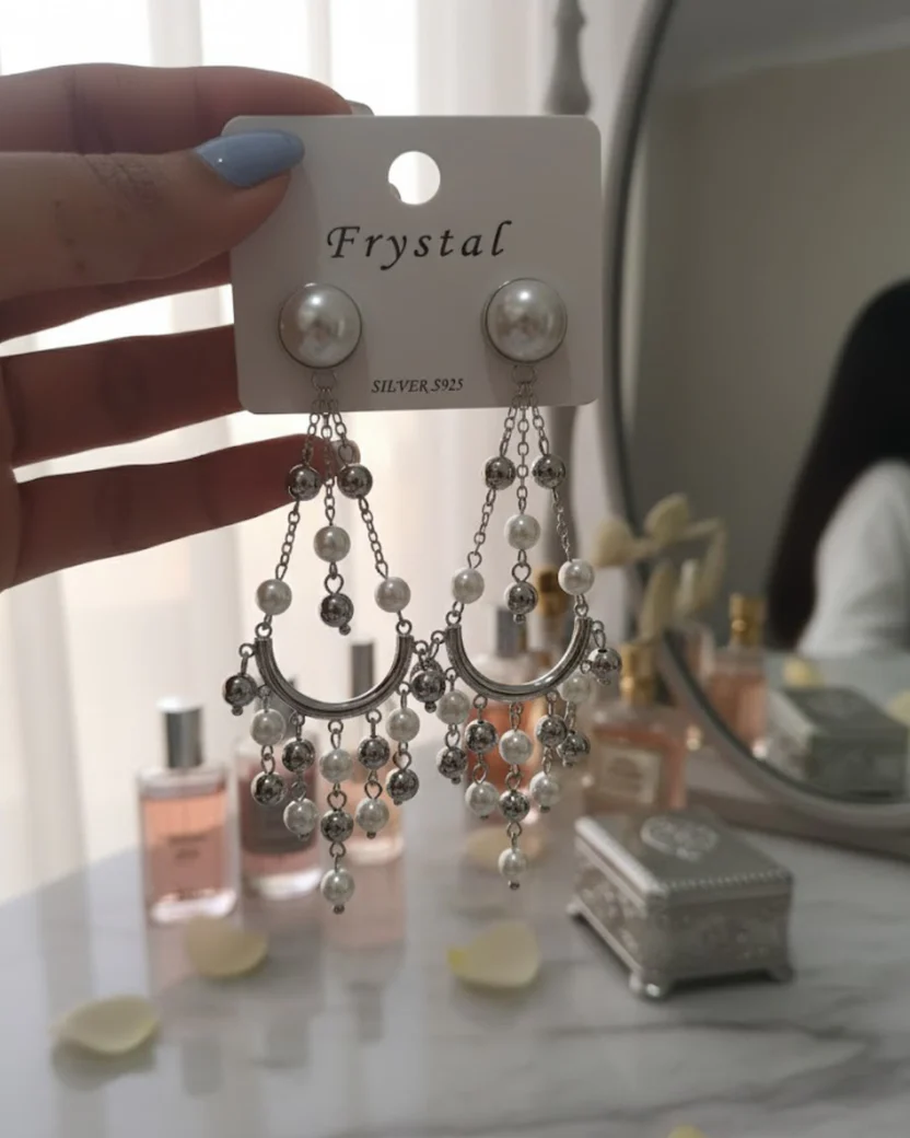 Pair of Silver Toned Chandelier Earrings with Pearl Beads — image 4