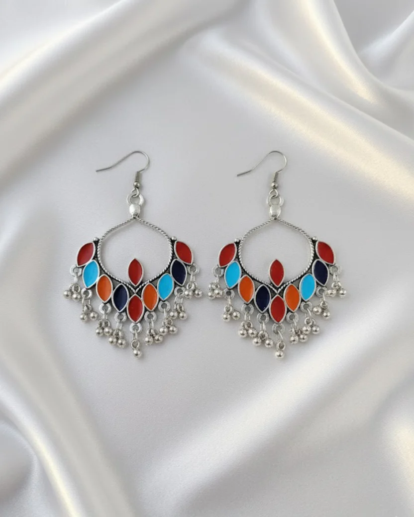 Afghani Multicoloured Enamel Chandelier Earrings with Ghungroo Beads