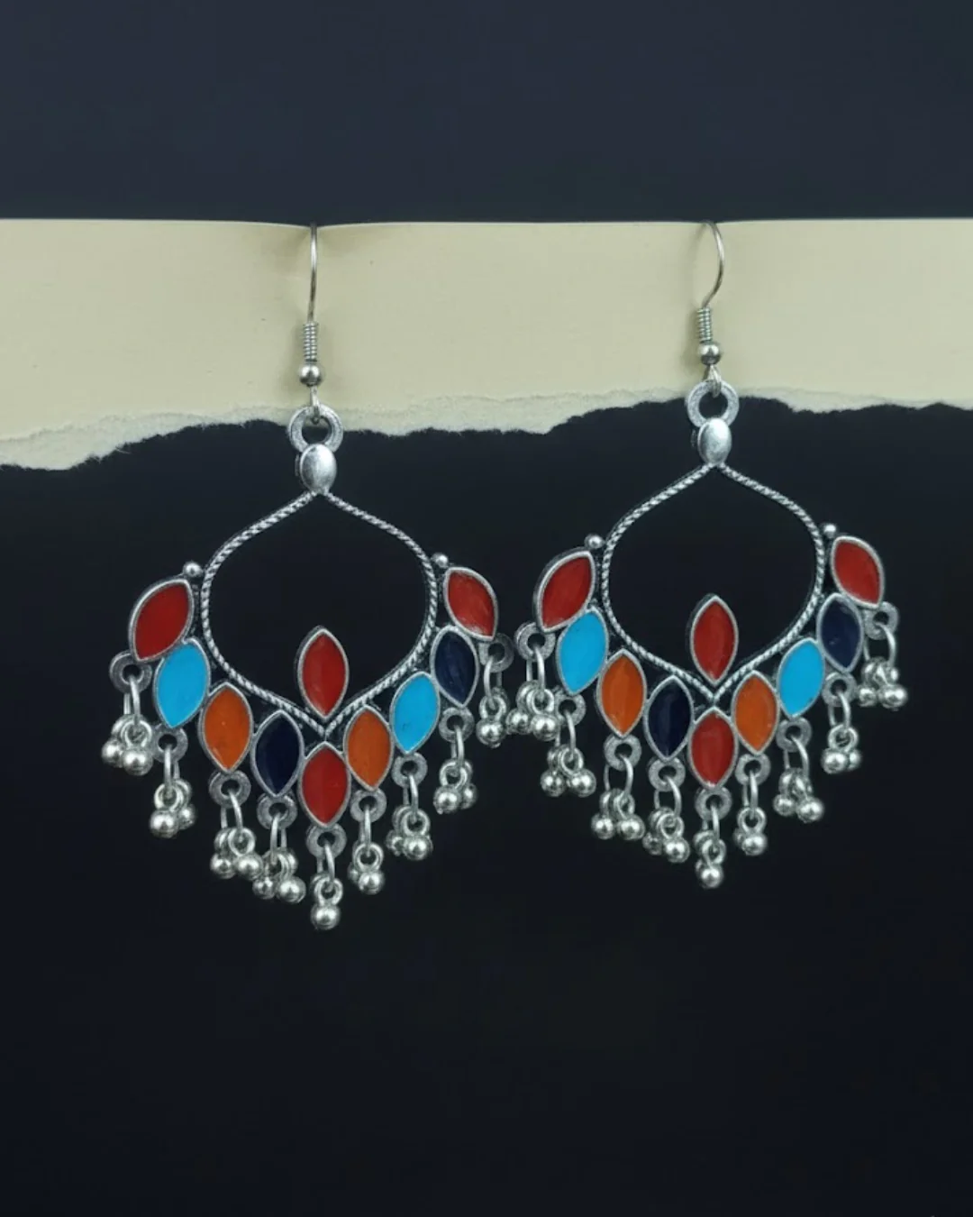 Afghani Multicoloured Enamel Chandelier Earrings with Ghungroo Beads — image 3