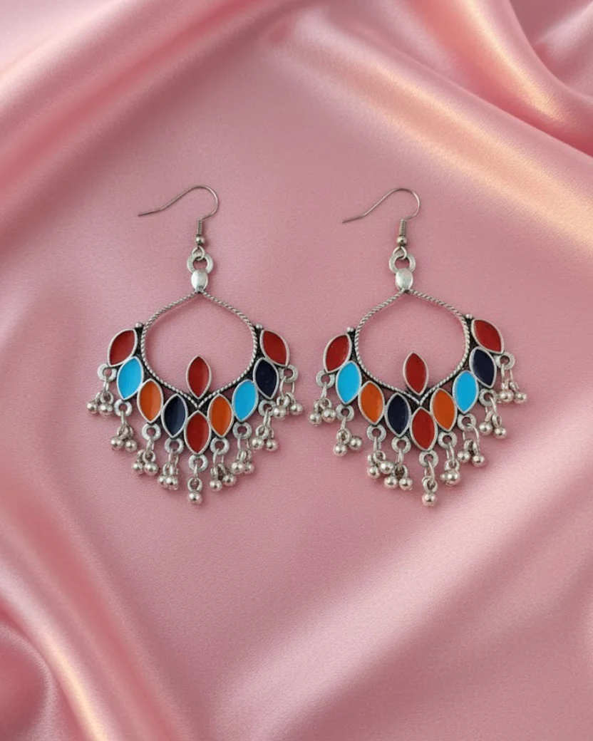 Afghani Multicoloured Enamel Chandelier Earrings with Ghungroo Beads — image 4