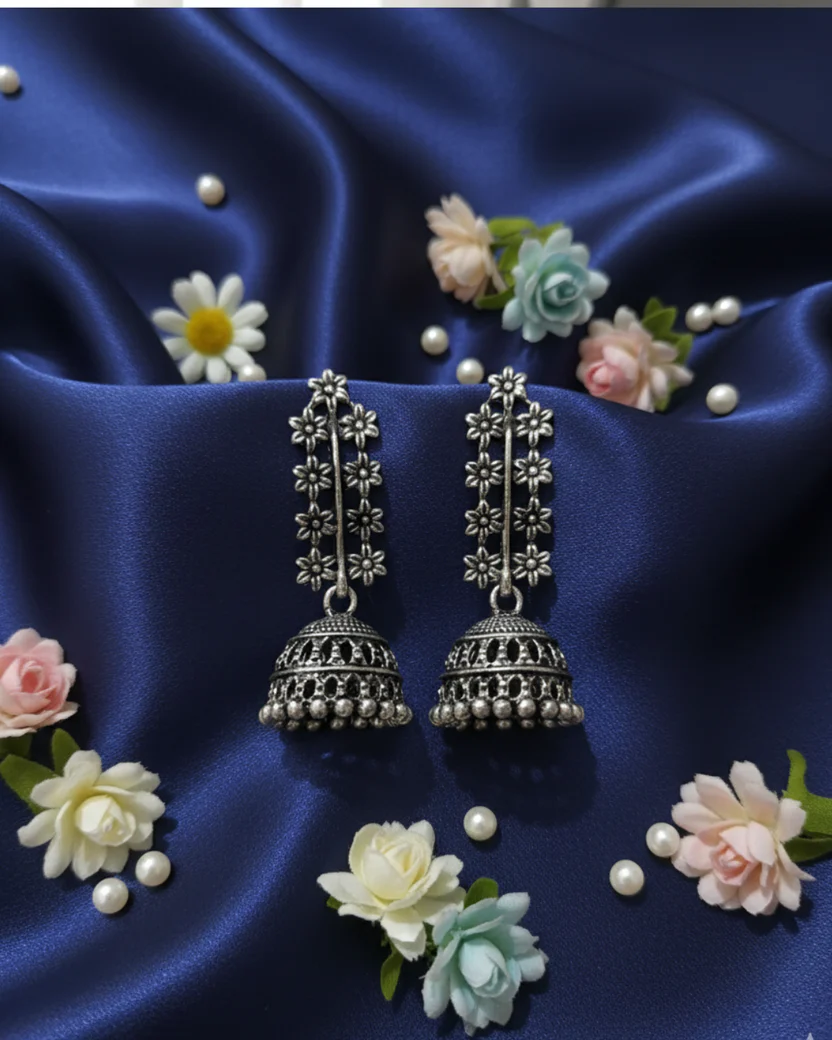 Oxidized Silver Jhumka Earrings With Floral Design — image 3