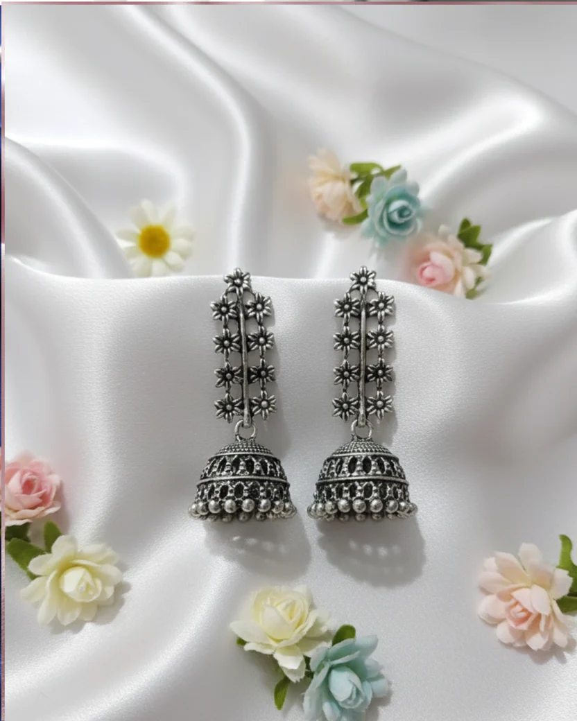 Oxidized Silver Jhumka Earrings With Floral Design — image 4